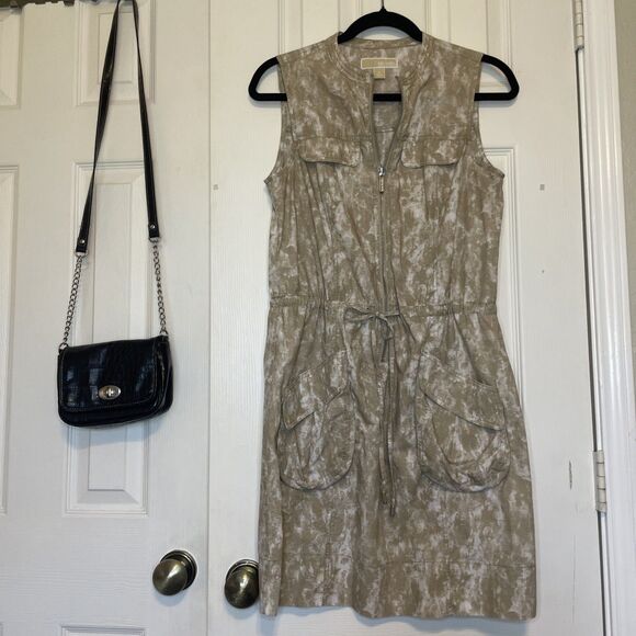 Medium Designer Michael Kors Sleeveless Khaki & White Acid Wash Zip-Up Dress - Picture 1 of 14